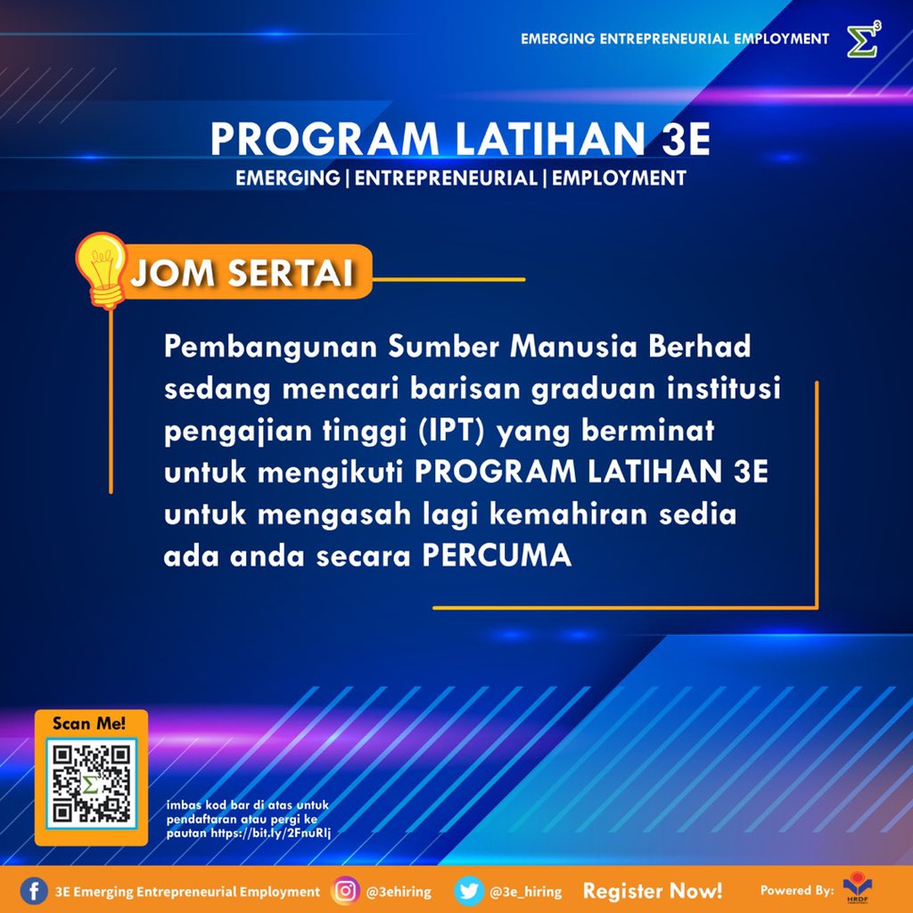 Okopipi_'s tweet photo. *PROGRAM LATIHAN 3E: Emerging|Entrepreneurial|Employment*
Pembangunan Sumber Manusia Berhad sedang mencari barisan graduan institusi pengajian tinggi (IPT) yang berminat untuk mengikuti PROGRAM LATIHAN 3E untuk mengasah kemahiran sedia ada secara *PERCUMA*
#3eprogram #3ehiring https://t.co/5Mslstl3IF