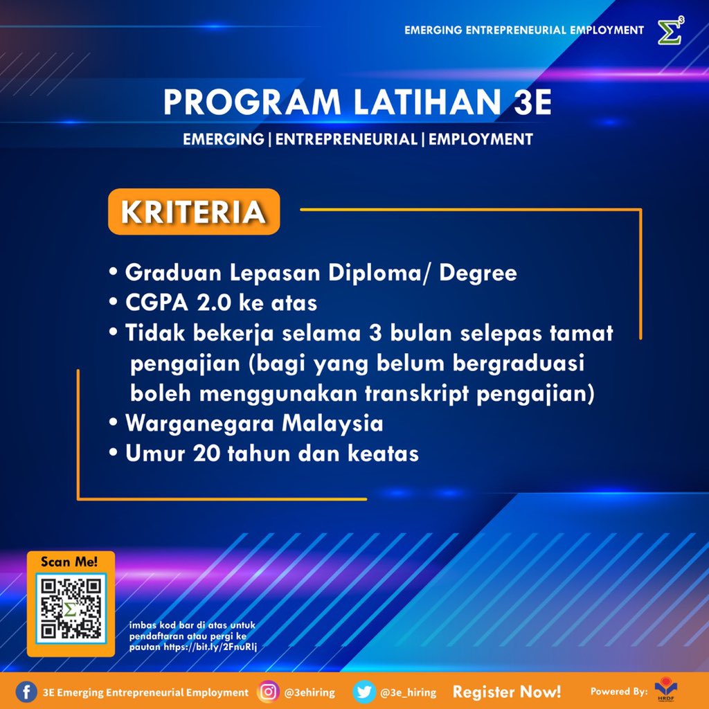 Okopipi_'s tweet photo. *PROGRAM LATIHAN 3E: Emerging|Entrepreneurial|Employment*
Pembangunan Sumber Manusia Berhad sedang mencari barisan graduan institusi pengajian tinggi (IPT) yang berminat untuk mengikuti PROGRAM LATIHAN 3E untuk mengasah kemahiran sedia ada secara *PERCUMA*
#3eprogram #3ehiring https://t.co/5Mslstl3IF