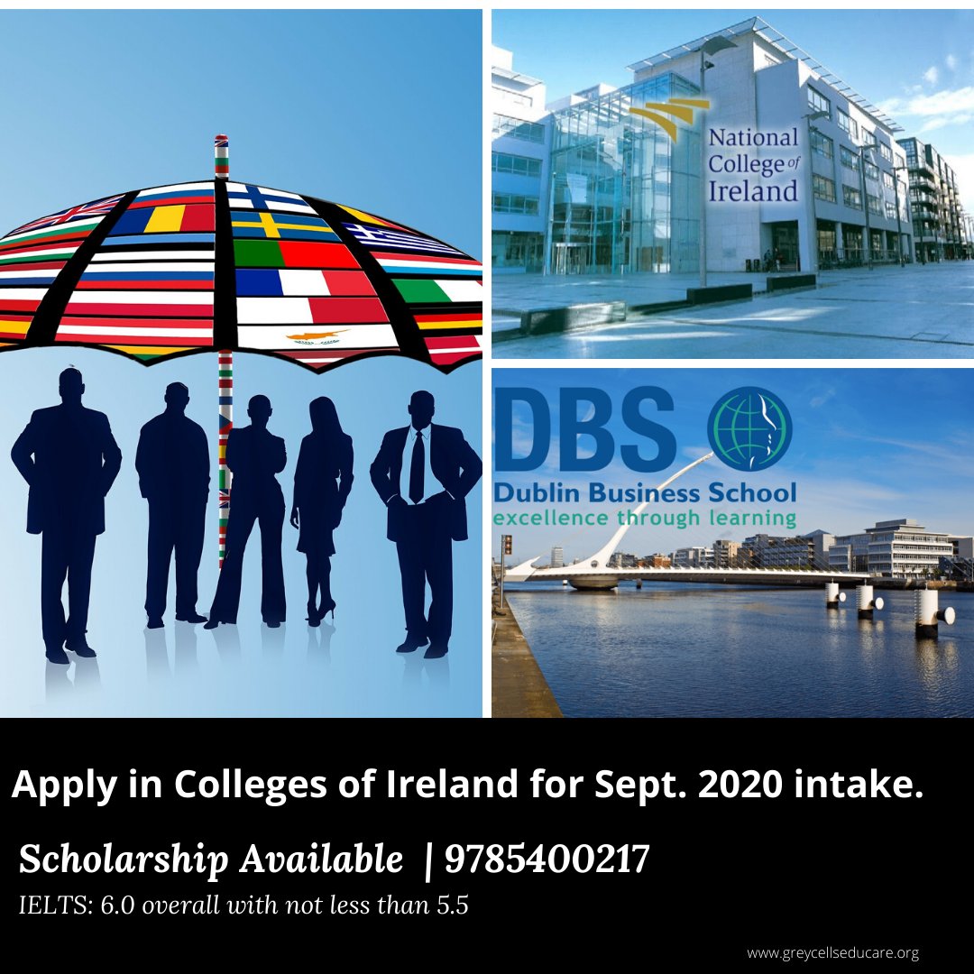 greycellsedu's tweet photo. Apply in Colleges of Ireland for Sept. 2020 intake for UG &amp; PG Courses..!!

✔️Scholarships available for International Students from 500 Euros to 4000 Euros on merit basis.

call us : 9785400217
➤web: https://t.co/0iTusaWckv

#studyabroad #overseasEducation #scholarships #IELTS https://t.co/m1U4mTLiNf