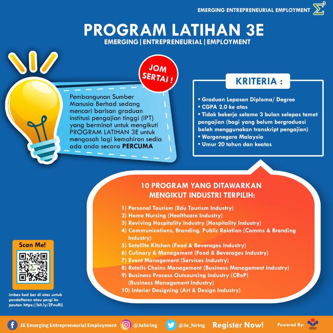 Okopipi_'s tweet photo. Kriteria:
โข Graduan Lepasan Diploma/ Degree
โข CGPA 2.0 ke atas
โข Tidak bekerja selama 3 bulan selepas tamat pengajian (bagi yang belum bergraduasi boleh menggunakan transkript pengajian)
โข Warganegara Malaysia
โข Umur 20 tahun dan keatas
#3eprogram #3ehiring https://t.co/UcwkWiQK7w