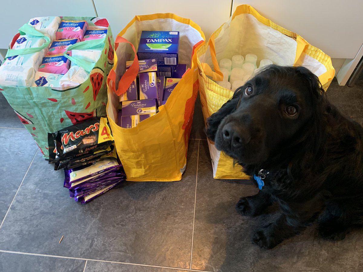 A big donation going out to the wonderful @BeingWomanUK this morning! We love working with them so much, and hope this donation of sanitary essentials, shampoo, deodorant and of course chocolate helps! #IWD2020 #menstrualmovement Of course George couldn’t resist a picture! ❤️
