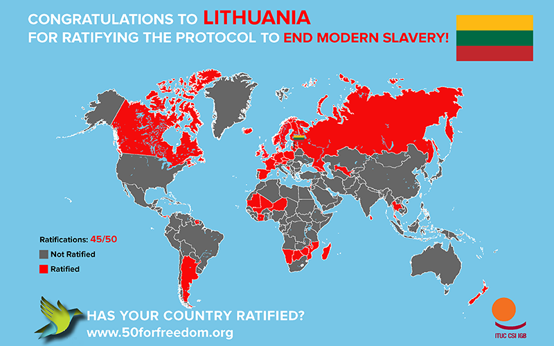 ituc's tweet photo. Congratulations👏👏 to #Lithuania🇱🇹 for joining the global movement to combat #ForcedLabour! 

The countdown has started⌛️, only 5 countries left to reach #50FF. 

✍️Join our call to #EndSlavery for good: https://t.co/jVTSFsD25d https://t.co/4ur4qqWOsJ