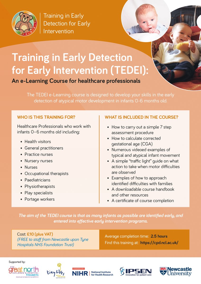 AnnaBasu1's tweet image. Go to go.ncl.ac.uk/tedei  to access our NEW e-learning course on Early Detection for Early Intervention. For front line healthcare professionals working with infants - to help with detecting early signs of movement problems.
@GreatNorthCHpic.twitter.com/NsbT8GSHpF