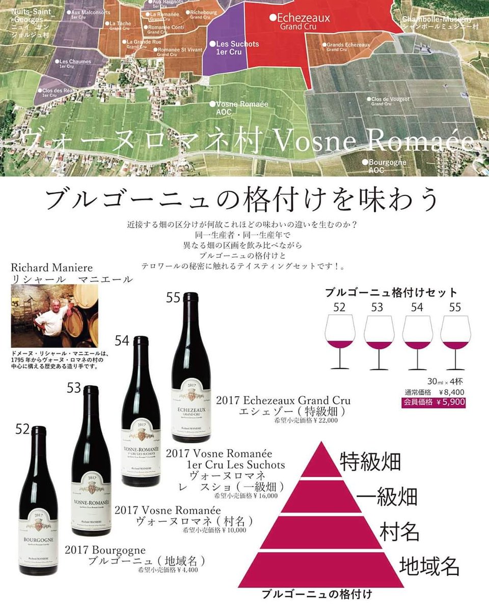 葉隠 池袋 ワインバー リシャール マニエール 17 ブルゴーニュ 地域名 ヴォーヌロマネ 村名 ヴォーヌロマネ 一級畑レ スショ エシェゾー 特級畑 各30ml 4杯 通常価格 8400 会員価格 5900 ワインバー葉隠 池袋ワインバー