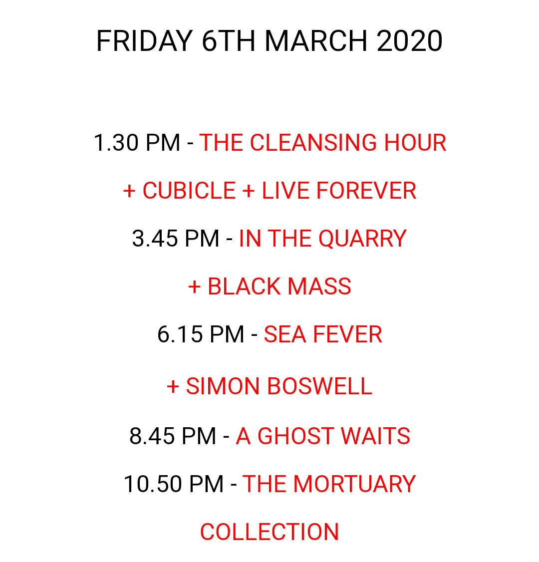 Mogman_cometh's tweet photo. Today's programme for @FrightFest here at @glasgowfilmfest
#thecleansinghour
#inthequarry #seafever
#aghostwaits
#themortuarycollection
#cubicle
#liveforever
#blackmass
#simonboswell https://t.co/4Hg5LhuOok