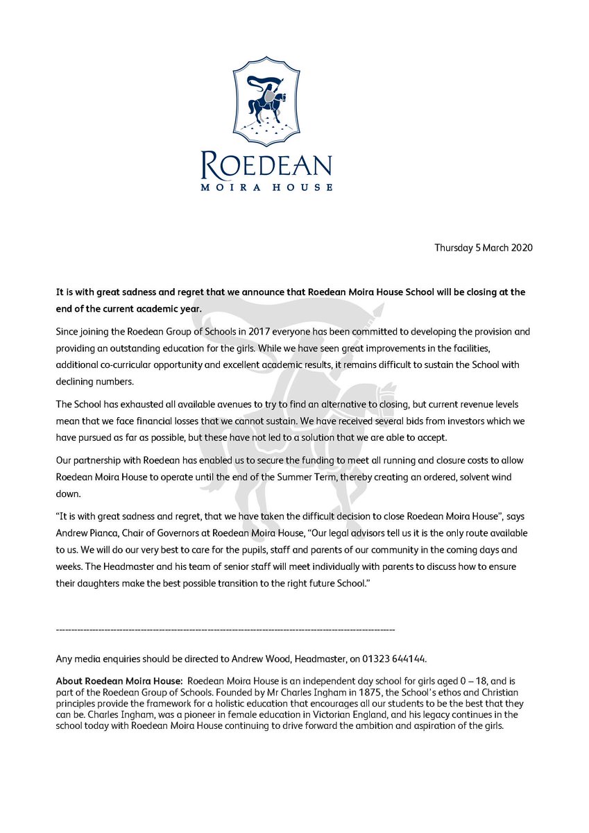 It is with great sadness and regret that we announce that Roedean Moira House School will be closing at the end of the current academic year.
