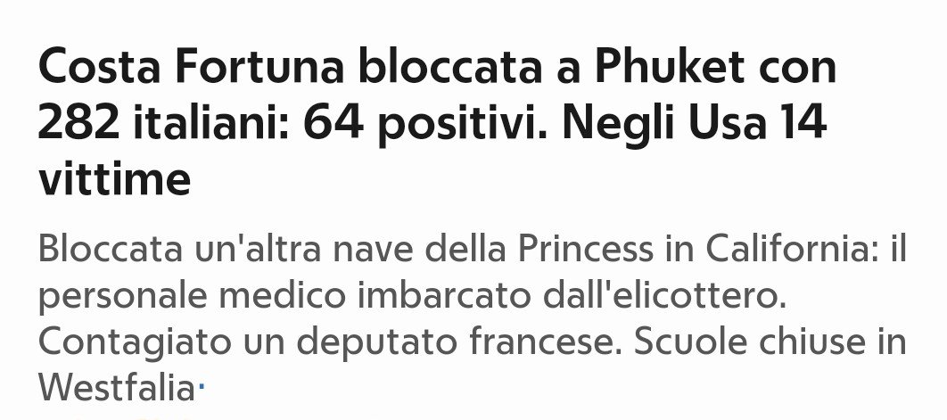 “While there are no confirmed cases of COVID-19 on the ship, all people on board are a health risk and they must remain in quarantine for 14 days,” he said.
That's the news. And now <a href="/repubblica/">Repubblica</a> headline in pic. Is this information?