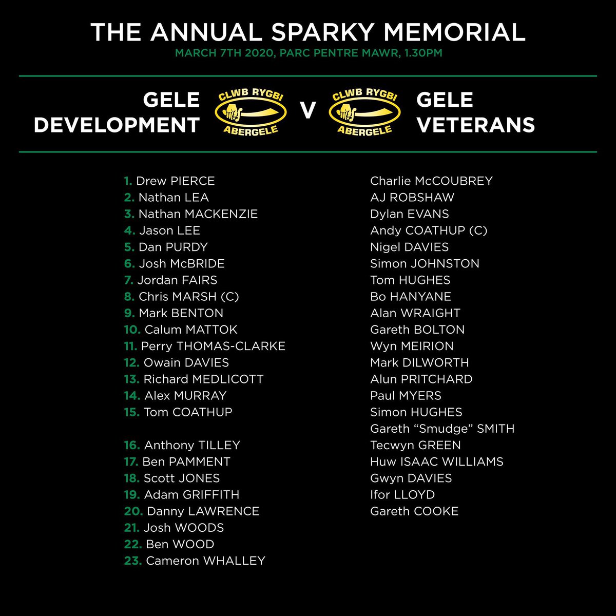 Tomorrow’s sides....recognise any of those Vets names? 👀👴🏻 

All for the big fella Sparky Jones-Davies. Come down and support the cause and donate generously to the families chosen charity 💚