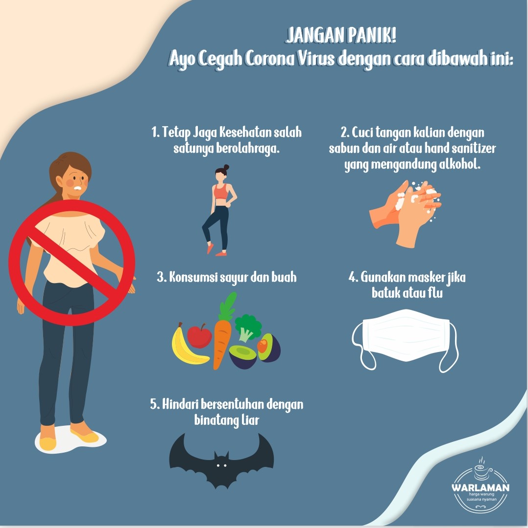 Halo guys 🤗
disini mimin mau kasih tau nih untuk JANGAN PANIK  mengenai Corona Virus ya sobat mimin 😊❤️.
Ayo sama-sama mulai melakukan pencegahan awal seperti gambar diatas.
Stay safe sobat mimin ❤️ 

#warlaman #warlamanbandung #promobandung #infobandung #grabpromo