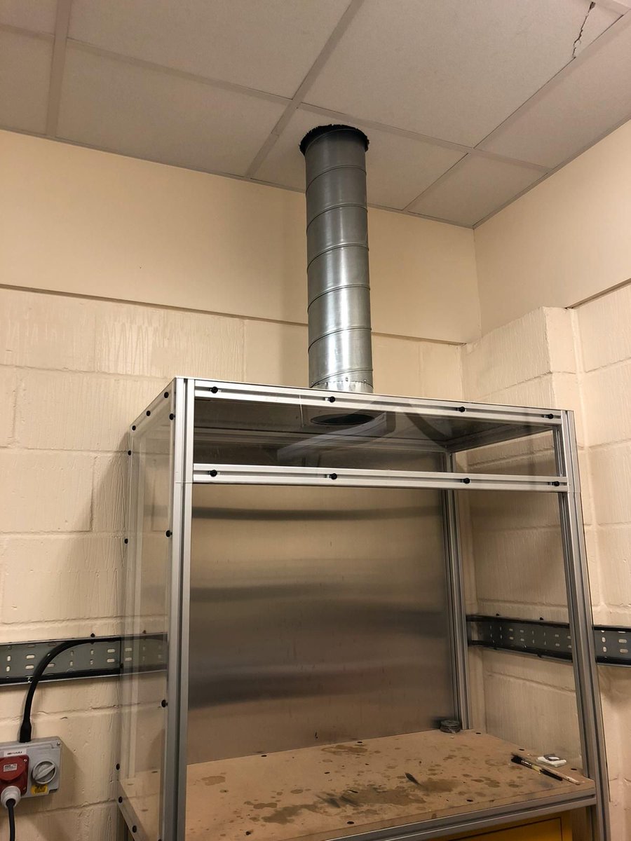 ImpactTS's tweet photo. An engineering firm recently contacted Impact when they discovered their bonding booth wasn't effectively controlling solvent vapours.
Impact installed a fan, duct, external discharge stack and a high velocity cowl. This meant the fumes were safely collected and discharged. https://t.co/JV5P0cZgPO