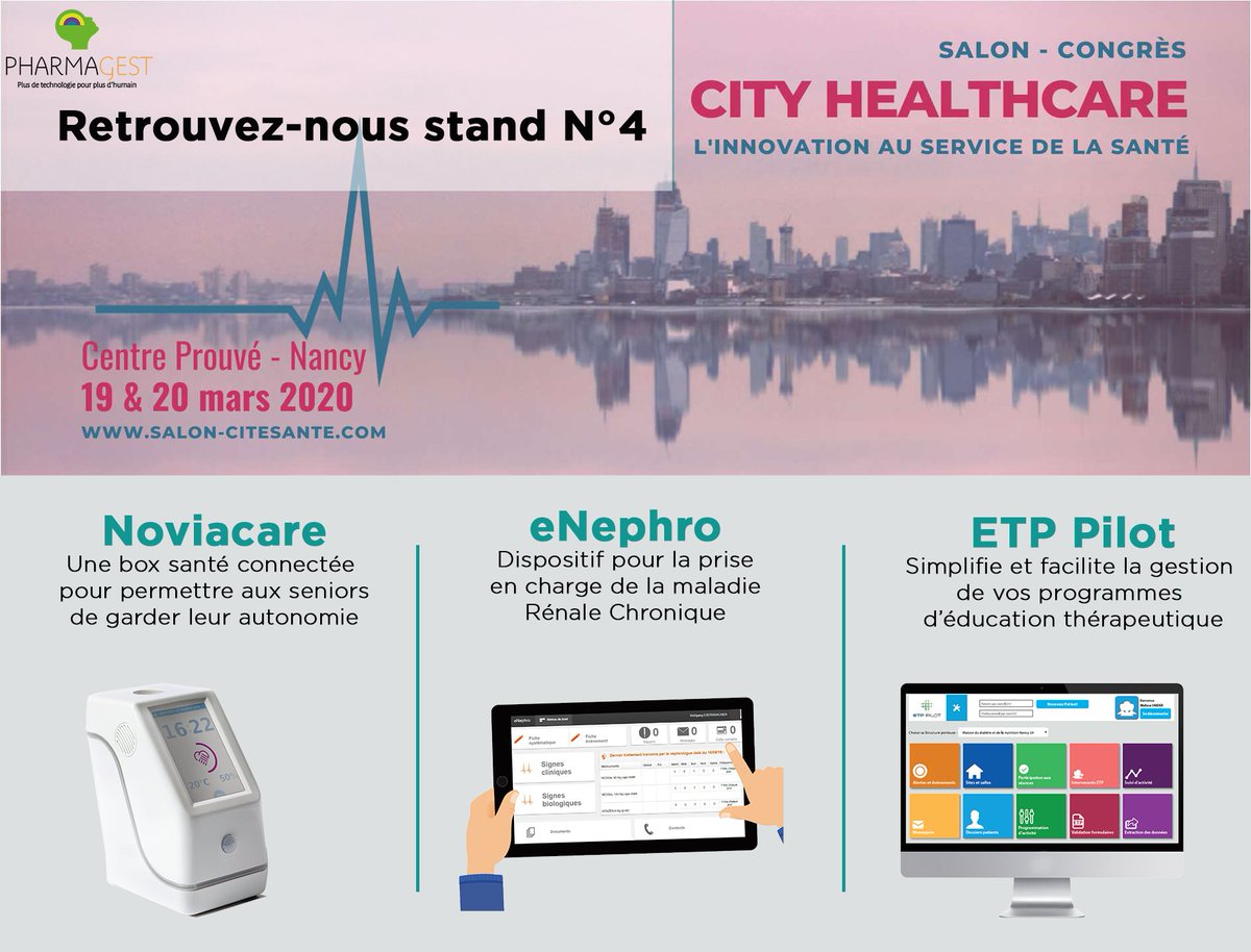 Pharmagest's tweet photo. A l'occasion du @SalonCiteSante 2020, venez découvrir nos solutions innovantes autour du #bienvieillir et de la #télémédecine, sur notre stand 04. Venez assister aux démos de nos solutions #Noviacare #eNephro #ETP-Pilot
#innovation #esanté #masanté2022 https://t.co/8jlT5fUHcH