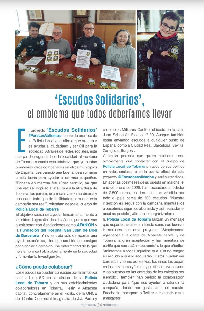 Este mes en la revista del mes de marzo, os hablamos de la nueva campaña solidaria, en la cual, está participando la Policía Local de Tobarra para recaudar fondos para el cáncer infantil. 
¡No te quedes sin tu escudo!
Para más información 👇👇👇
albaceteamano.com