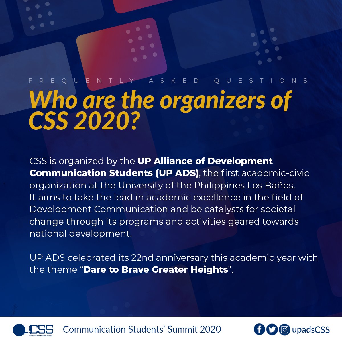 upadsCSS's tweet photo. [Who are the organizers of CSS?]

CSS is organized by the UP Alliance of Development Communication Students (UP ADS), the first academic-civic organization at the University of the Philippines Los Baños. 

#CSS2020 https://t.co/xTphwepDg5