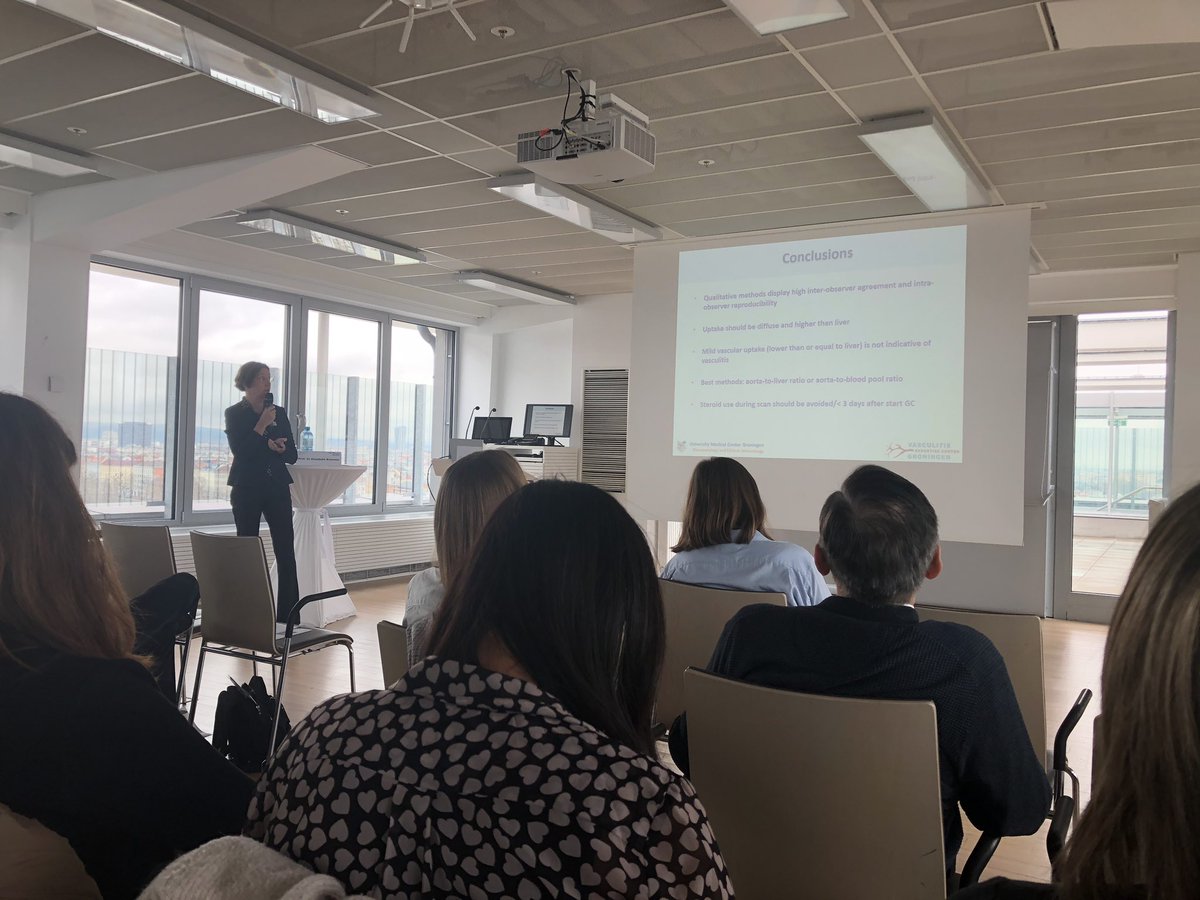 Delighted to participate in the conclusion of this amazing project. <a href="/ElisabethBrouw3/">Elisabeth Brouwer</a> here presenting on GCA imaging. I love the #Tesla sign concept for positive intra thoracic FDG-PET
