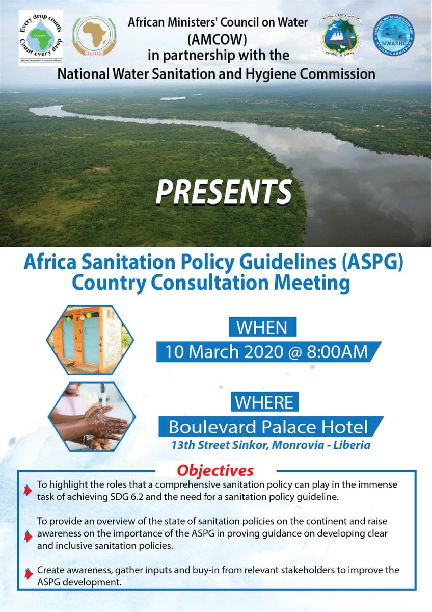 BobbyWhitfiel14's tweet photo. AFRICAN MINISTER'S COUNCIL ON WATER #AMCOW
in partnership with

NATIONAL WATER SANITATION AND HYGIENE COMMISSION #NWASHC
PRESENTS

AFRICAN SANITATION POLICY GUIDELINES (ASPG)                              

Country Consultation https://t.co/8ATKPlo2Kd