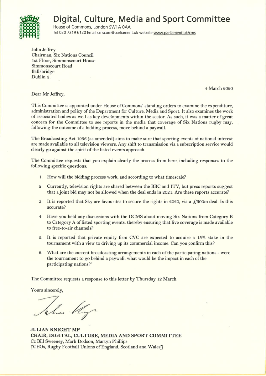Chair <a href="/JulianKnight15/">Julian Knight</a> has written to <a href="/SixNationsRugby/">Guinness Men's Six Nations</a> about reports that the tournament may not be free-to-watch after 2021.

We're asking for clarity on the bidding process, the CVC private equity acquisition rumours and whether they're barring a BBC/ITV joint bid.