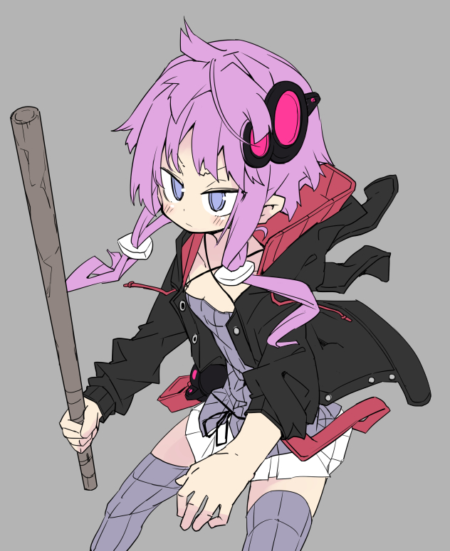 yuzuki yukari 1girl solo purple hair short hair with long locks jacket criss-cross halter holding  illustration images