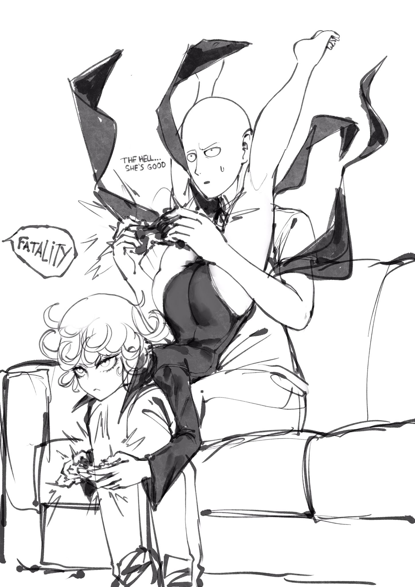 Tatsumaki and Saitama playing games. 