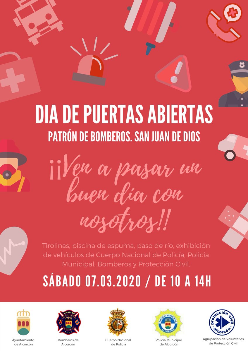 ¡Ven a pasar una mañana divertida!  
👩‍🚒👨‍🚒👮👮‍♀️🚨🚔Jornada de puertas abiertas con <a href="/alcorconbombero/">Bomberos de Alcorcón</a> <a href="/PoliciaAlcorcon/">Policía Municipal de Alcorcón</a> <a href="/policia/">Policía Nacional</a> <a href="/PCivil_Alcorcon/">Protección Civil de Alcorcón</a>
🗓️ Sábado, 7 de marzo
📍 Centro Unificado de Seguridad (Alfredo Nobel, 11)
⏰De 10h a 14h