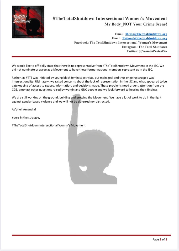 WomenProtestSA's tweet image. 5 March 2020 Media Statement:

“Feeling validated by the @CGE_ZA’s and parliamentary committee’s statement we feel the time is right to publish our own statement...”

#TheTotalShutdown
#24Demands