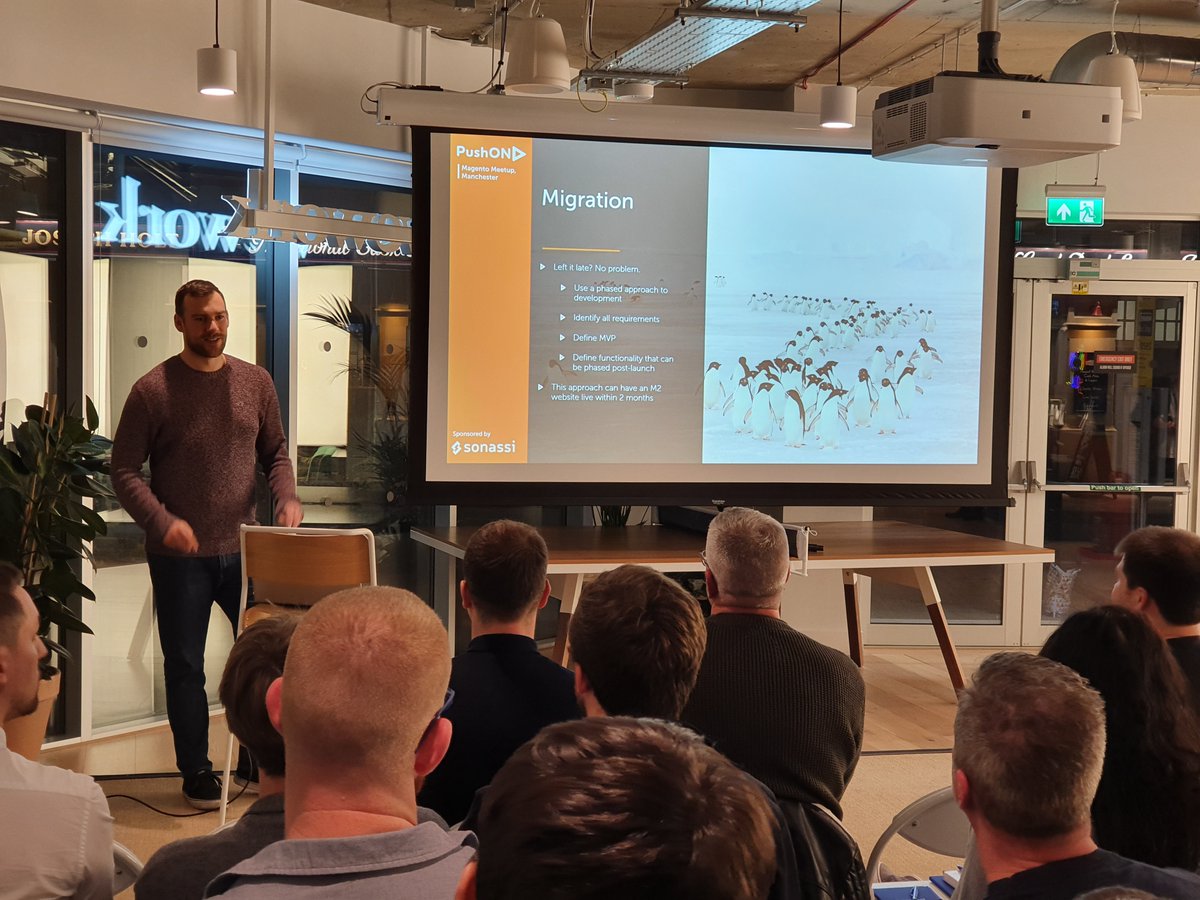 PushONltd's tweet photo. A few more snaps from last night's #Magento Meetup! Here we have our @samru discussing the end of Magento 1. #McrMagentoMeetup https://t.co/gcfsHjVyCh
