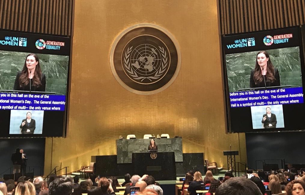 jukka_salovaara's tweet photo. Prime Minister @MarinSanna speaking at #IWD2020. We need to do more to achieve #Equality. Everyone has work to do on #SDGs. Global inequalities can not be allowed to grow. @FinlandUN https://t.co/RqylTLL7jp