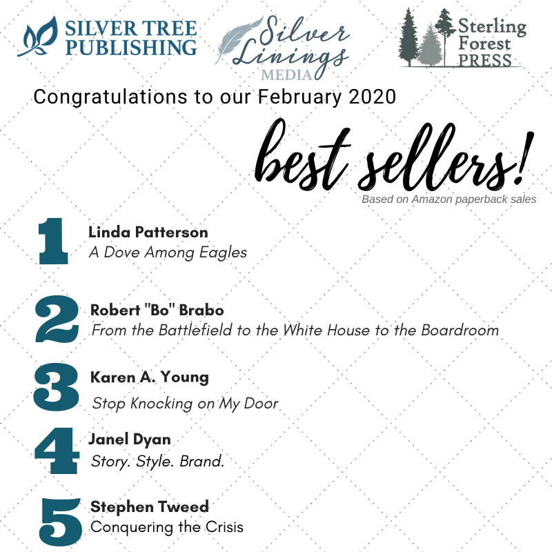 SilverTreePub's tweet photo. CONGRATULATIONS to our February bestselling authors...Linda Patterson, Robert "Bo"Brabo, Karen A. Young, Janel Dyan and Stephen Tweed!

See discussion below for more details about their books, and how to pick up your copies. https://t.co/aBBz71TYF4