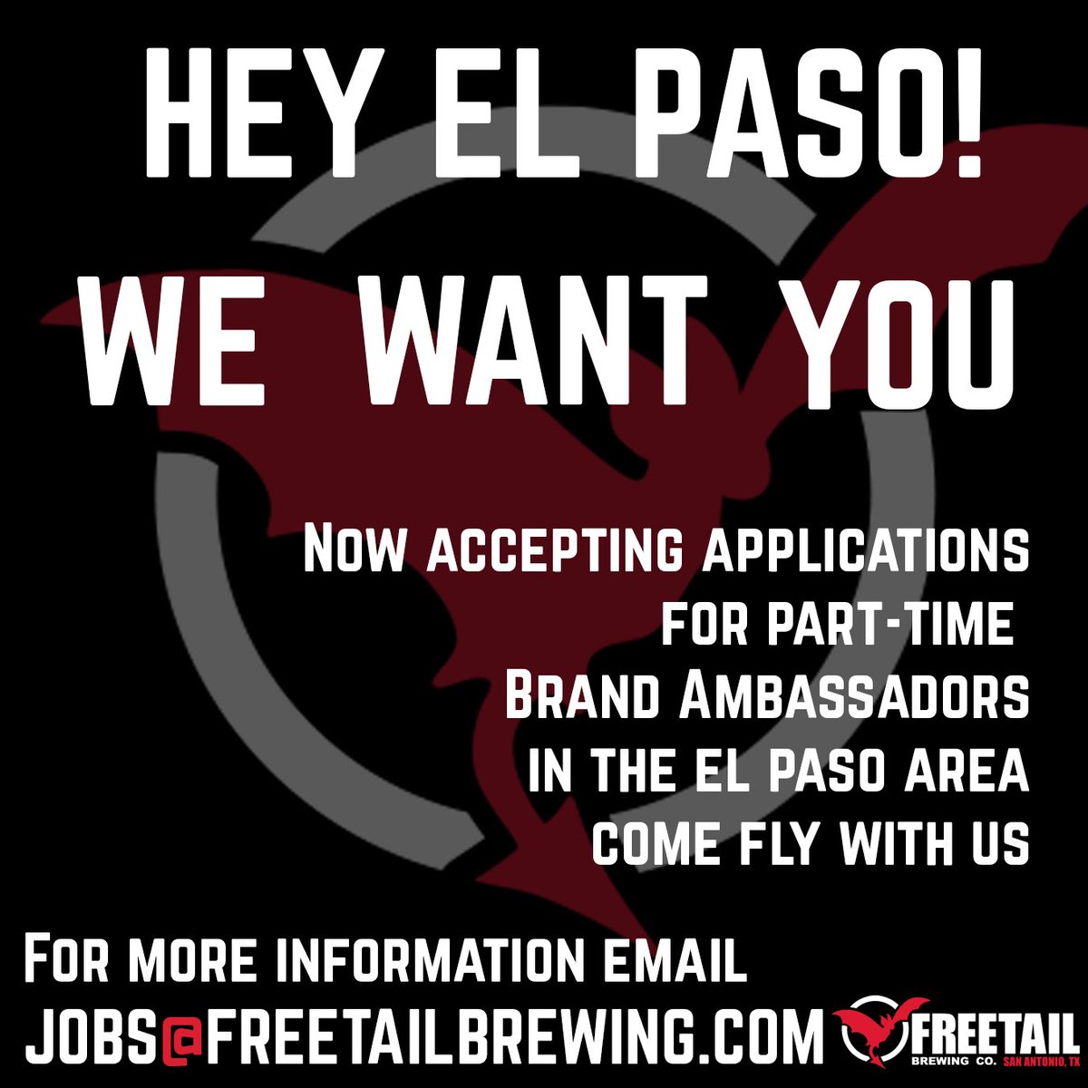 Freetail Brewing Co. (@freetailbrewing) on Twitter photo What's up El Paso? Are you a craft beer lover that's looking for some part-time work? Then we have a job for you! Send us your resume at jobs@freetailbrewing.com to find out more! Must be 21+ and have your TABC servers certification. Come fly with us! What's up El Paso? Are you a craft beer lover that's looking for some part-time work? Then we have a job for you! Send us your resume at jobs@freetailbrewing.com to find out more! Must be 21+ and have your TABC servers certification. Come fly with us!