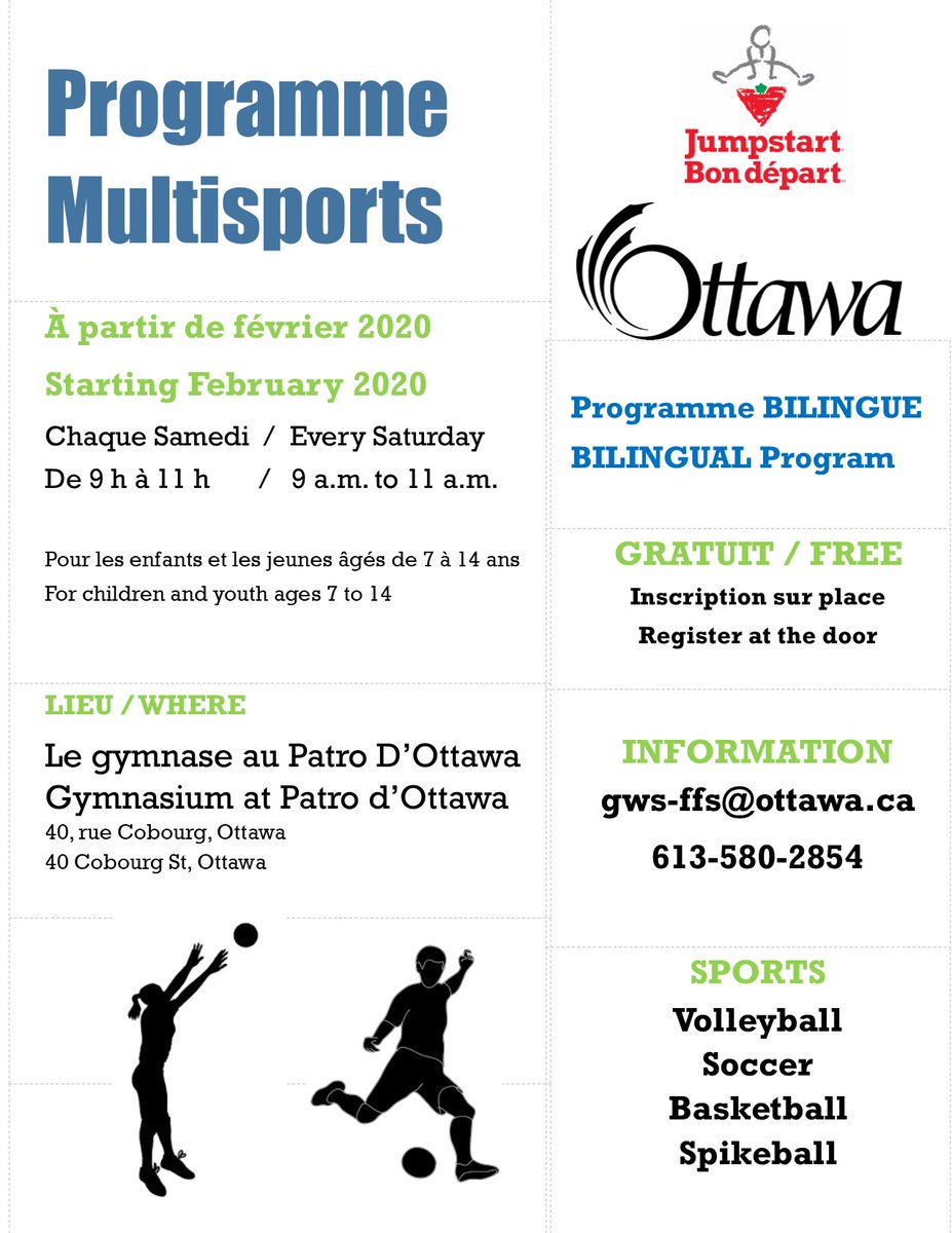 OttawaHealth's tweet photo. Do you live/play in the downtown Ottawa area? Join Patro d'Ottawa's Saturday sport drop ins! All activities are free of charge and bilingual. https://t.co/wUyh7kvHgj