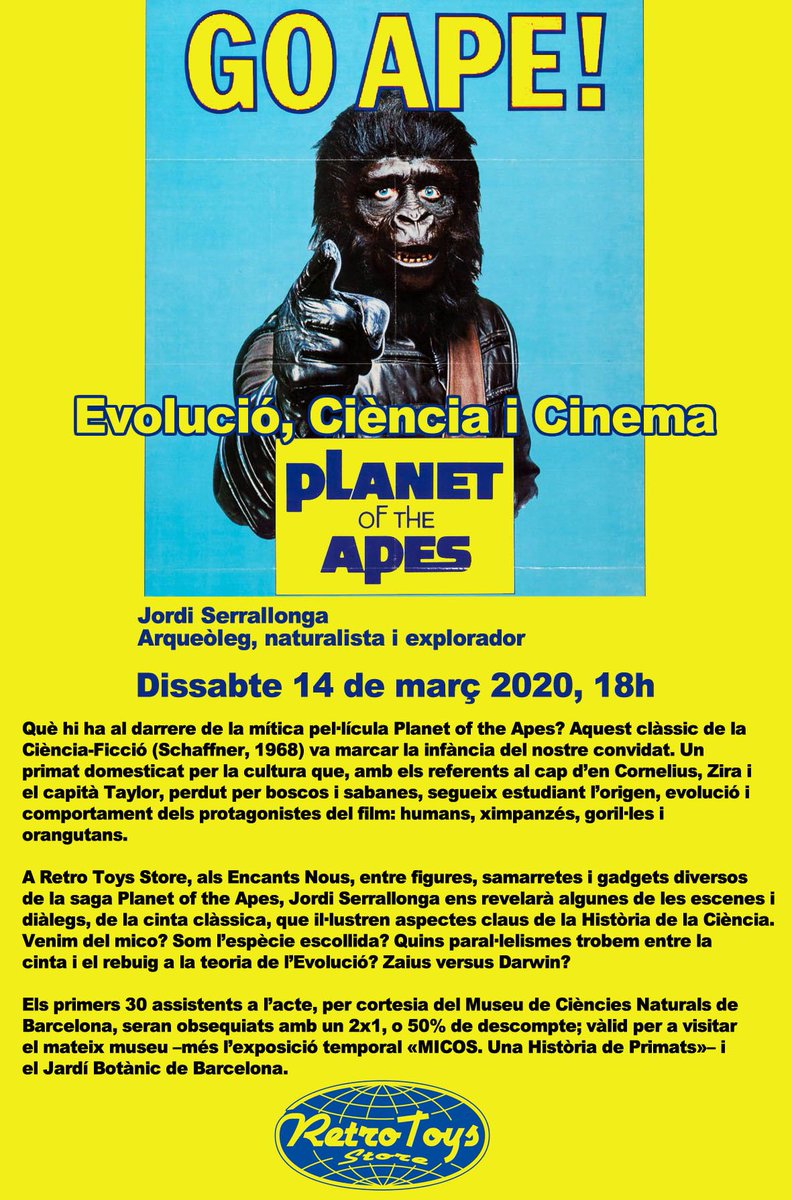SerrallongaJ's tweet photo. Dissabte 14/03(18h)a #RetroToysStore (@Encantsnouseix C/València #Barcelona)parlo sobre #Evolució #Ciència i #Cinema amb #PlanetOfTheApes(1968).#Primats.Per cortesia del @museuciencies 30 descomptes per visitar expo #MicosMCNB i el museu.Zaius vs #Darwin? https://t.co/FzwVubhIBs