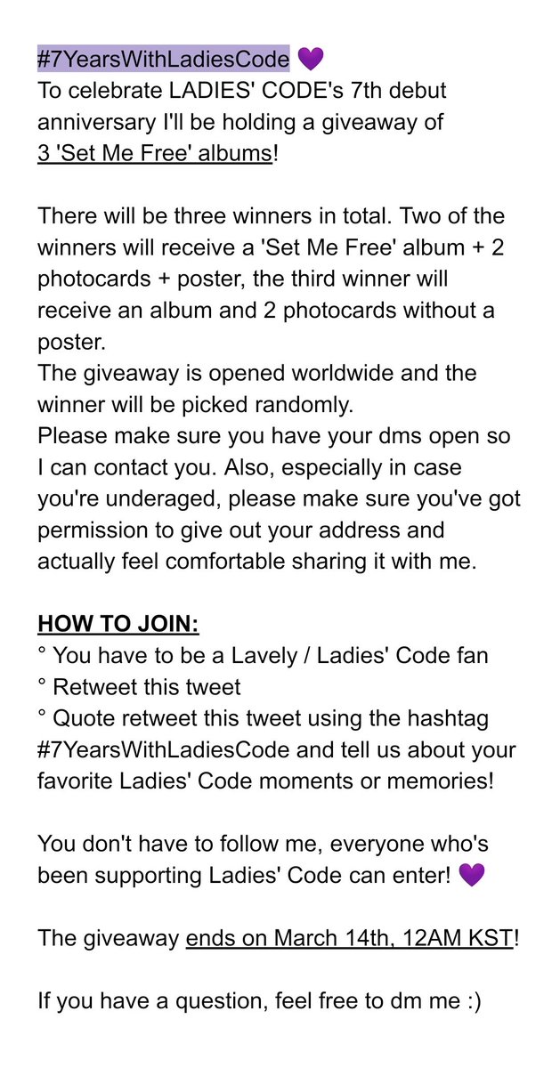 choishley's tweet photo. #7YearsWithLadiesCode 💜
To celebrate LADIES' CODE's 7th debut anniversary I'll be holding a giveaway of 3 Set Me Free albums! https://t.co/s1n67sd3qK