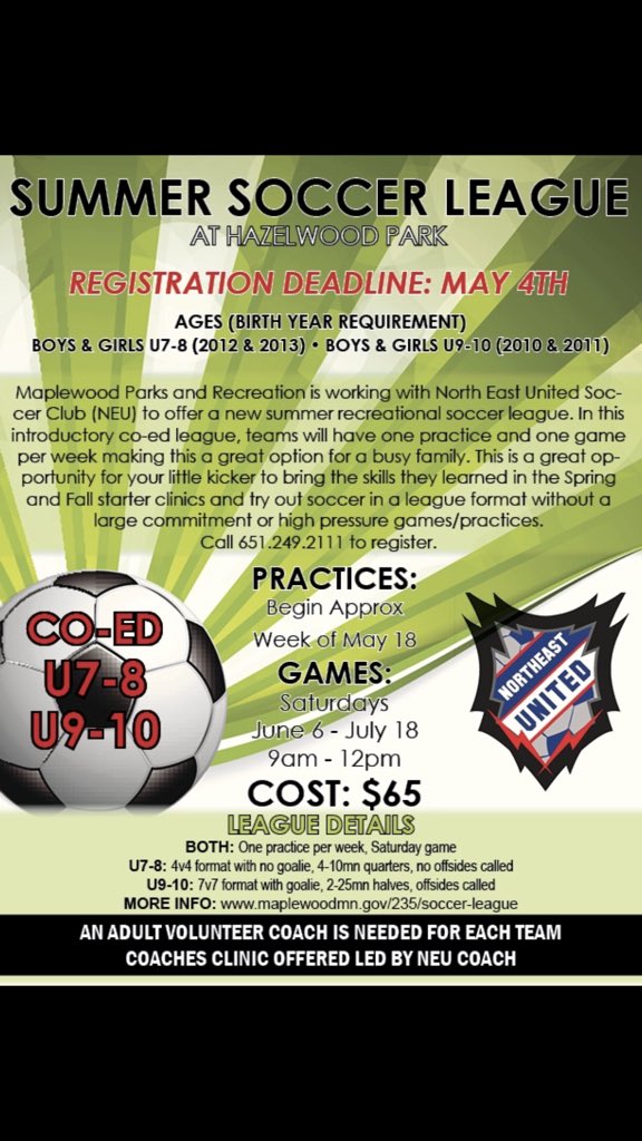 NEUnitedSC's tweet photo. BREAKING NEWS!  Attn: North East Metro!  Join a brand new Rec Soccer League hosted by Maplewood Parks and Rec and North East United Soccer Club! https://t.co/WtZjkwuThL @NEUnitedSC @ParksRecMplwd https://t.co/QaH9PaYDQy