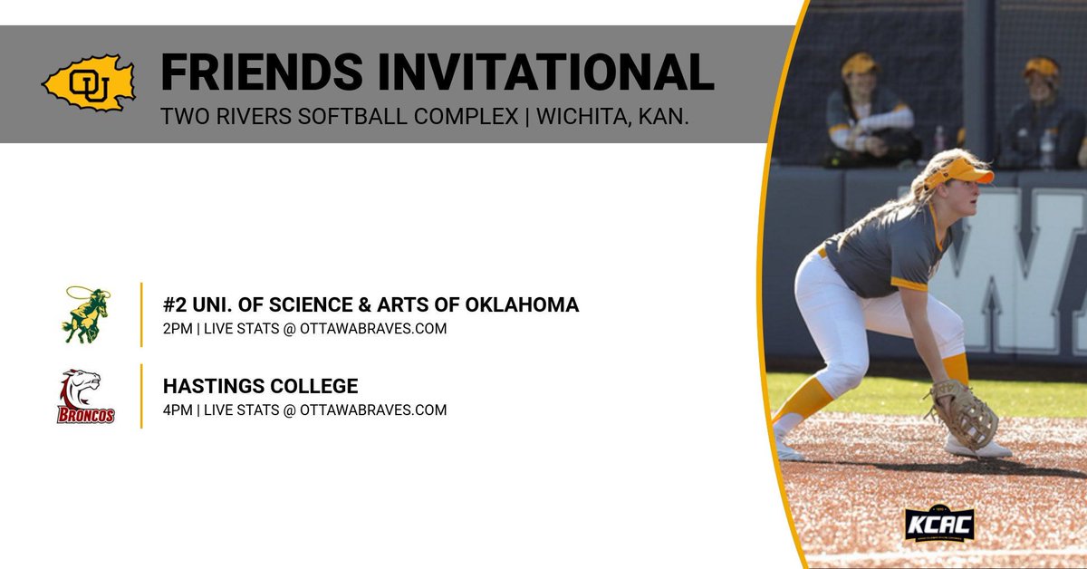 BravesAthletics's tweet photo. .@OUBraveSoftball plays in the Friends Invitational TODAY at the Two Rivers Softball Complex in Wichita, Kan. OU will play no. 2 @USAOlive at 2pm. The Braves will then face @Hastingsbroncos at 4pm. Live stats links are at https://t.co/q0EIpE3N3p #BraveNation https://t.co/vNoqbrN8c6