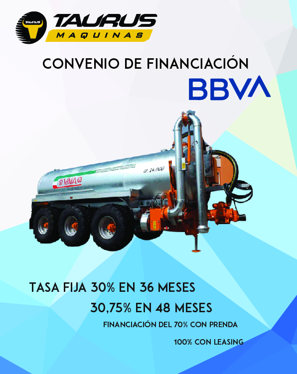 Nuevos #conveniodepago con el  
<a href="/bbva/">BBVA</a>

30% Anual en 36 meses
40% Anual en 48 meses
Financiación del 70% en con prenda o 100% con leasing

#GrupoTaurus | #InnovacionConstante | #maquinaagricola