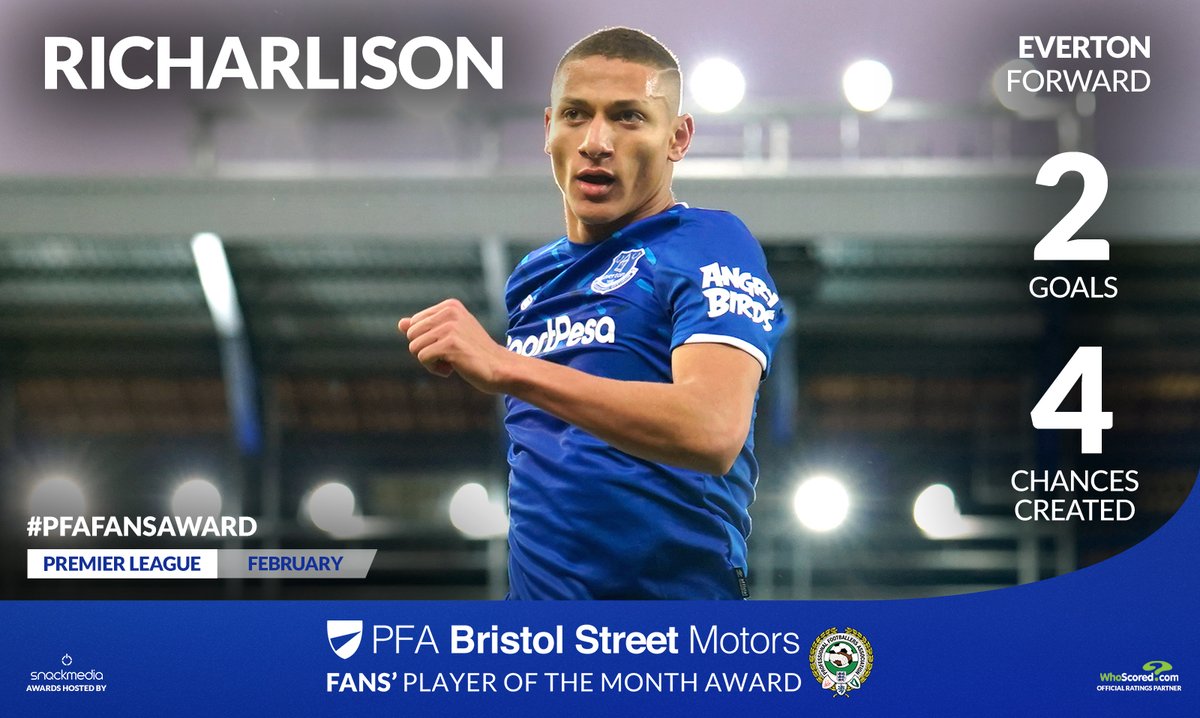 Everton_FFC's tweet photo. .@Everton's @richarlison97 has been nominated for the February PFA @BristolStMotors Fans' Player of the Month!  🔵⚪️

Vote here 👉   https://t.co/LlMjWfADiQ

#PFAFansAward #EFC https://t.co/4XfG2WKoGG