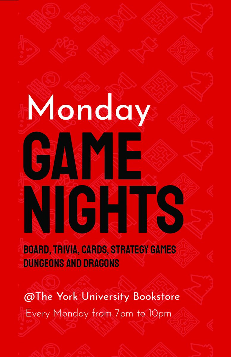 Monday Game Night at the Bookstore. Come out every Monday this Winter to enjoy "the games." It's free and all are welcome. Times are 7pm - 10pm. #yorku #YorkUBookstore