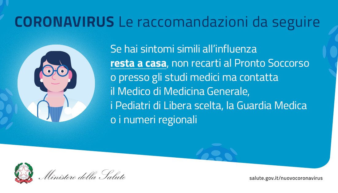 MinisteroSalute's tweet photo. #COVID19italia Se hai sintomi simili all'influenza non recarti al Pronto soccorso o presso gli studi medici, ma resta a casa e chiama:

📞il medico di medicina generale
📞il pediatra di libera scelta
📞la guardia medica
📞i numeri regionali che trovi qui:
https://t.co/ax3qMnwiPx https://t.co/dao93PO0qB