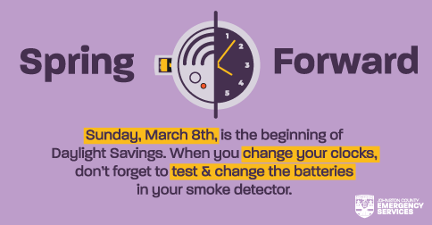JoCoEmerServ's tweet photo. This Sunday, March 8th, is the beginning of Daylight Savings Time. Don't forget to check your smoke alarm, change the batteries, and reset your clocks!

@jocogovNC https://t.co/i5OIWTQMxM