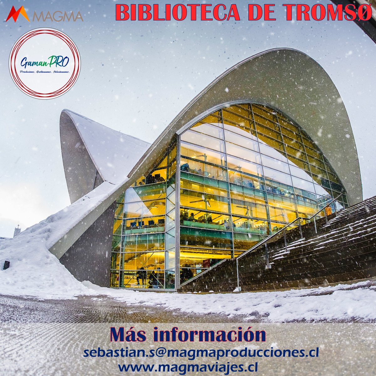 La biblioteca de Tromsø es la que está situada más al norte del mundo y además de su fachada acristalada, presenta formas paraboloides hiperbólicas en su cubierta... esto a 350 km al norte del Círculo Polar Ártico en Noruega 🇧🇻!
Escríbenos 📩 sebastian.s@magmaproducciones.cl