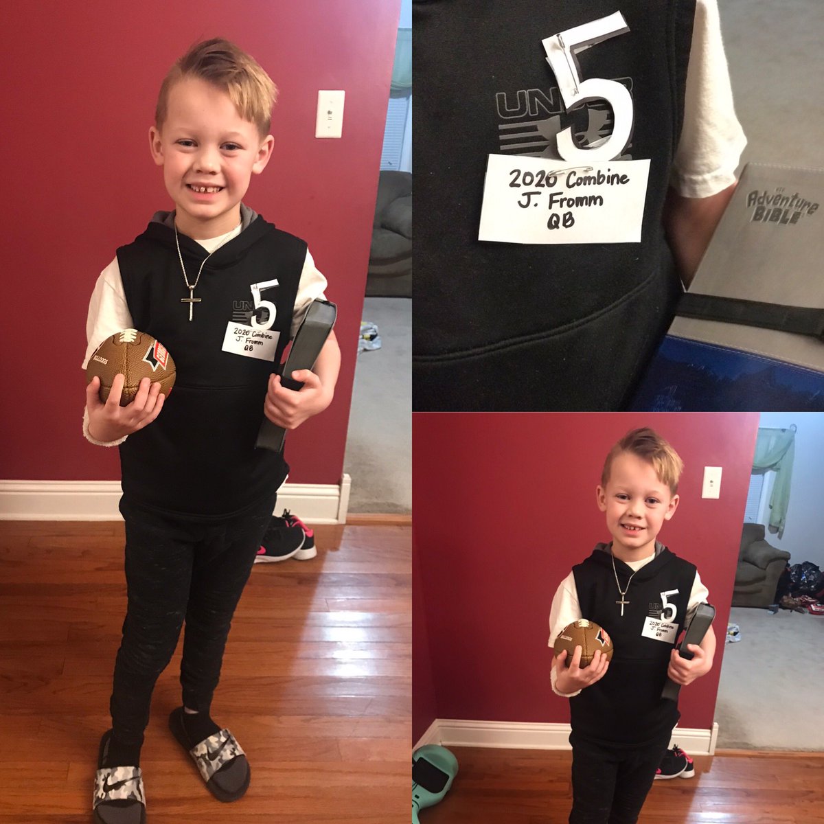 Today is Dress up like your favorite person Day” at school! Brantley chose @FrommJake of course! But not UGA Jake...  NFL Combine Jake! #FaithandFootball