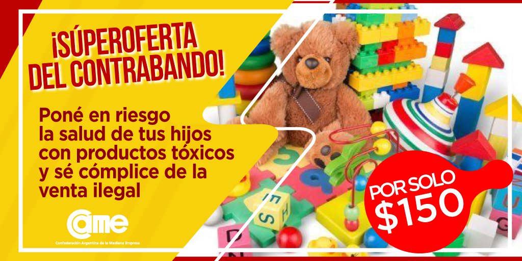¿Sabías que los juguetes del mercado informal contienen sustancias químicas tóxicas letales para la salud? Además de fomentar el contrabando, la falsificación y la evasión impositiva, no cumplen con ningún tipo de control sanitario. ¡No seas cómplice de este flagelo! DALE RT.