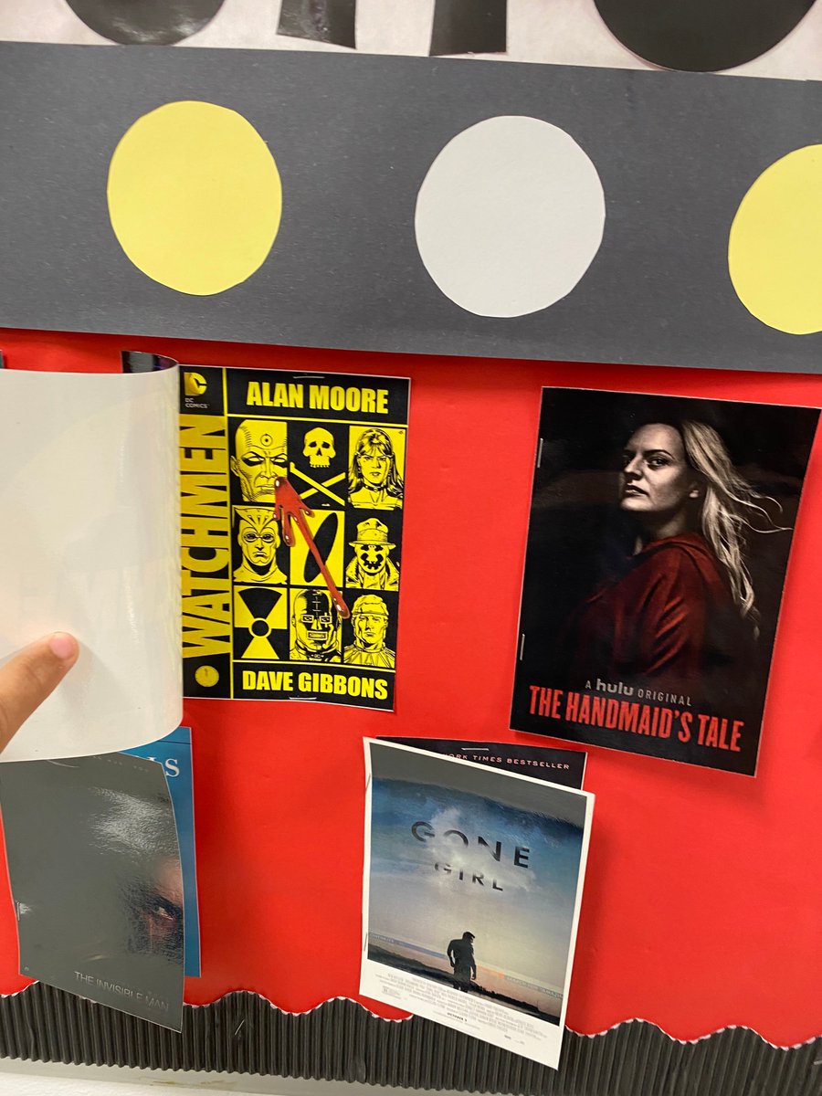 USchoolLMC's tweet photo. The US Media Center presents: “Now showing.” – Our new bulletin board display in the hall just outside the library. Come read the great books behind the hottest shows/movies.
#uschool #mediacenter https://t.co/PW2ykoJKc0