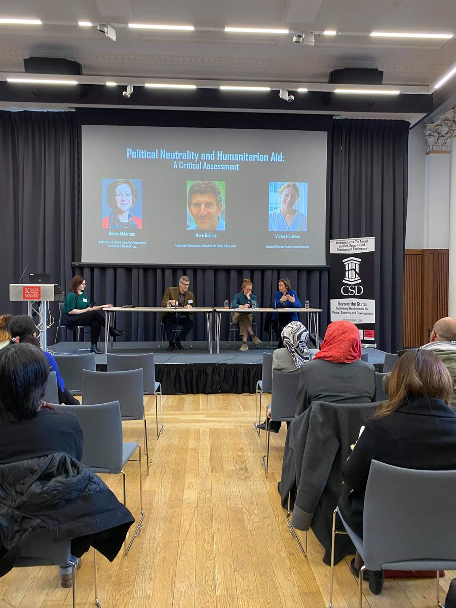 CSDConference's tweet photo. Our final panel of the day is "Political Neutrality and Humanitarian Aid: A Critical Assessment". @VickieHawkins @HAldersonICRC and @Humanicontraria join us to discuss major challenges and dilemmas faced by humanitarian workers today #CSDConference https://t.co/V4q3vwupfx
