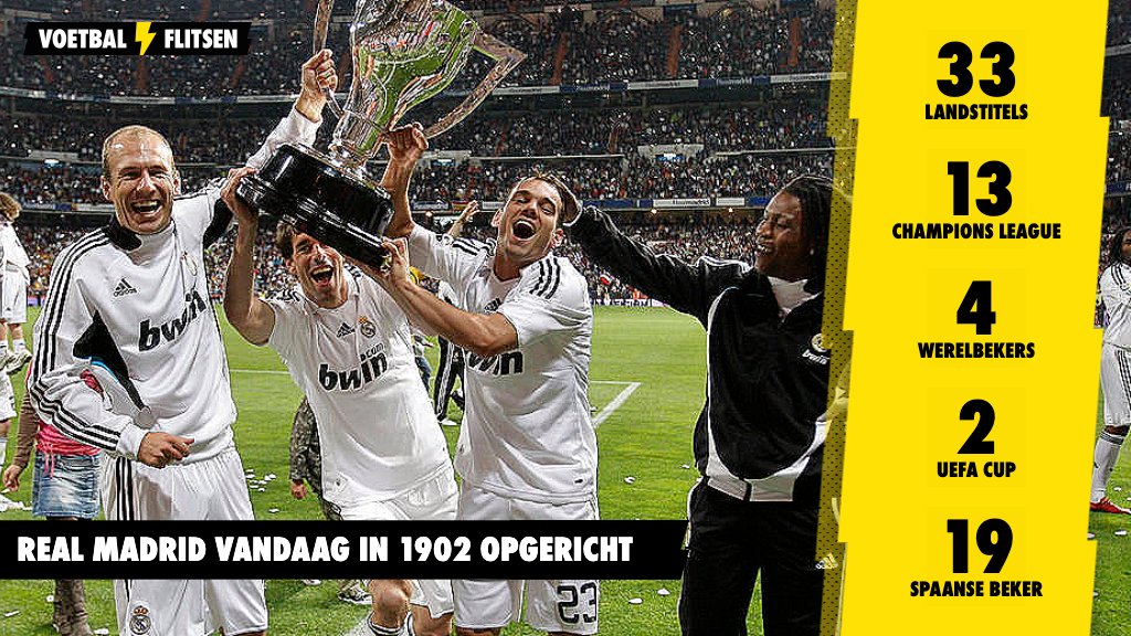 #RealMadrid werd vandaag in 1902 opgericht en de prijzenkast puilt ondertussen uit, en daar hadden ook Nederlanders een aandeel in <a href="/ArjenRobben/">Arjen Robben</a> <a href="/RvN1776/">Ruud van Nistelrooij</a> <a href="/sneijder101010/">Wesley Sneijder</a> <a href="/RoystonRDrenthe/">Royston Drenthe</a>