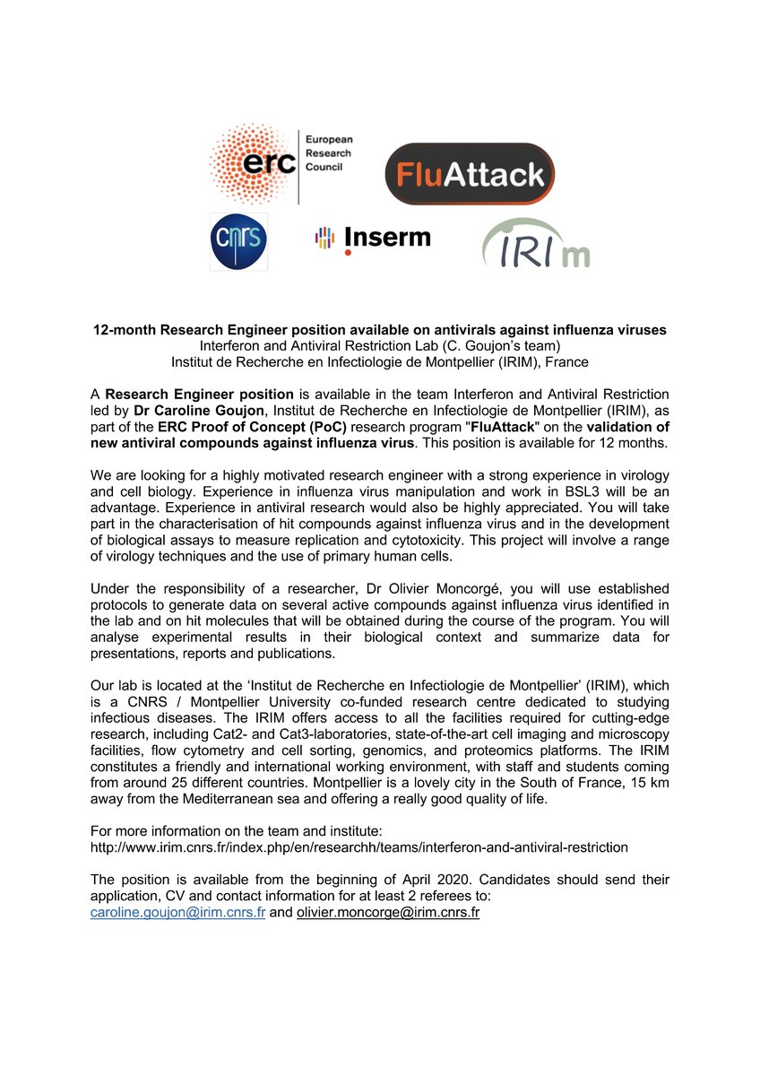 caro_goujon's tweet photo. 1-year Research Engineer position available in my lab @IRIM_life to work with @MoncorgeOlivier on new antivirals against influenza viruses, in the context of our @ERC_Research Proof of concept project #FluAttack https://t.co/vwYhbOGbVG