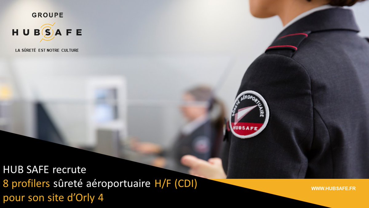 GroupeHubsafe's tweet photo. #Recrutement #SûretéAéroportaire
Vs êtes agent de sûreté✈️depuis ➕d’1⃣ an ❓Observateur &amp; à l’aise en anglais ❓Avez-vous pensé à devenir #profiler en sûreté✈️ ? 
📢Ns recrutons pr l’1⃣ de nos clts 8⃣ profilers en #CDI pr notre site d'#Orly4
Postuler 👉 https://t.co/idsmp8D7pb https://t.co/RhbqPf3gns