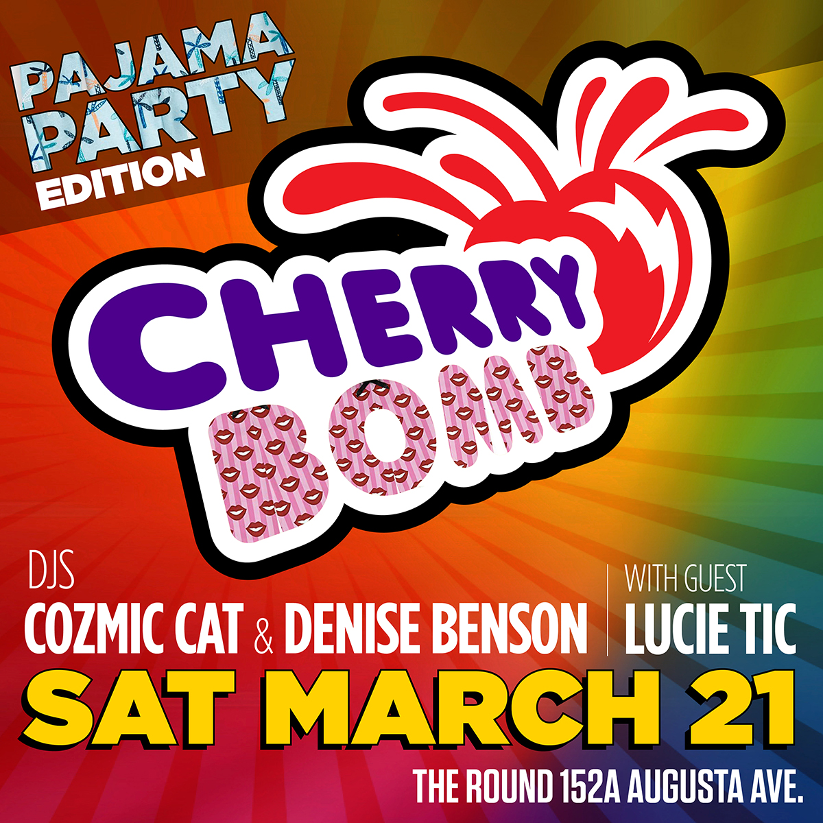 CherryBombTDOT's tweet photo. Saturday March 21st: You. We. Us! Guest DJ @LucieTic joins us at @ROUNDvenue. Also: an invite to wear PJs! Spring, spring, baybeeeee! #LGBTQ2 #queer #Toronto #pajamaparty https://t.co/gqVyv6efni