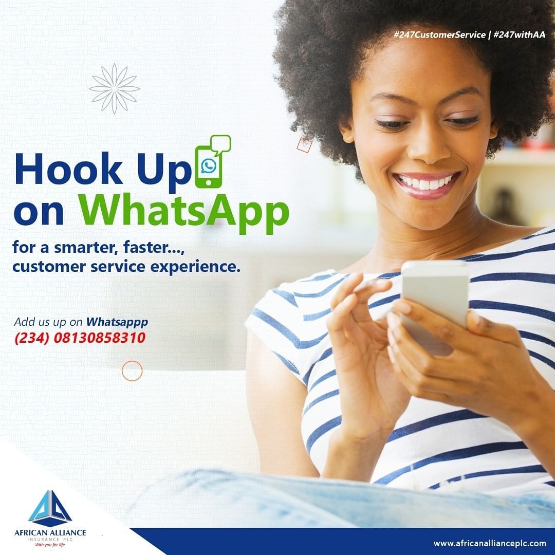 AAInsurancePlc's tweet photo. Hook up with us on WhatsApp and enjoy a faster, smarter, and more convenient way to #StayOncheck with African Alliance.
Make an enquiry
Request help with taking a plan
Take a Risk Protection/Savings/Investment/Takaful plan
Give feedback
Learn more about African Alliance Insurance https://t.co/OJuP75WdNP