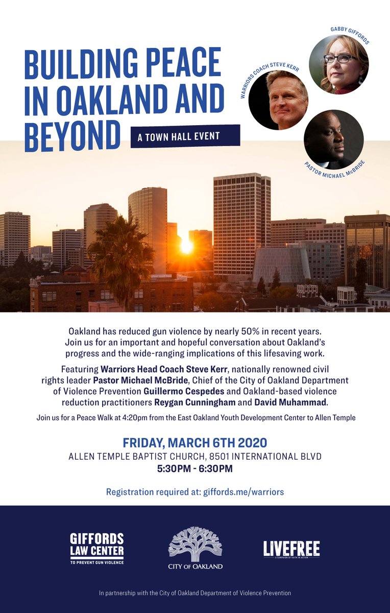 NICJR01's tweet photo. Bay Area! Come on out to the @allentemplebc today 5:30pm to join @DavidMuhammad @pastormykmac  @SteveKerr 
and @GabbyGiffords for an important conversation about our collective work reducing gun violence in Oakland and making communities safer. #ReduceGunViolence #TogetherWeCan https://t.co/bne31HpNxO