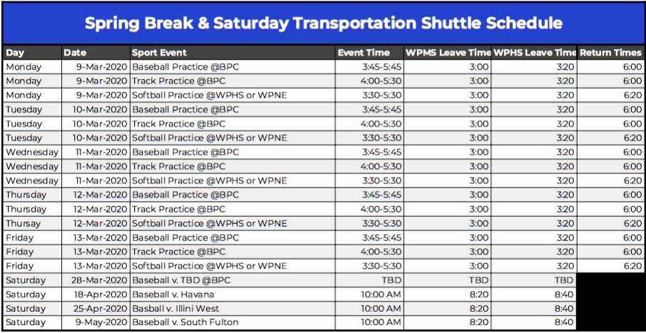 WPNEPrincipal's tweet photo. WPHS Transportation Schedule for BWP Athletics Over Spring Break. BWP Softball practice location information will be relayed by coaches throughout the week as weather dictates.  @WestPrairieHS @westprairie103 @BoostersWest https://t.co/pZzzN0UXxc